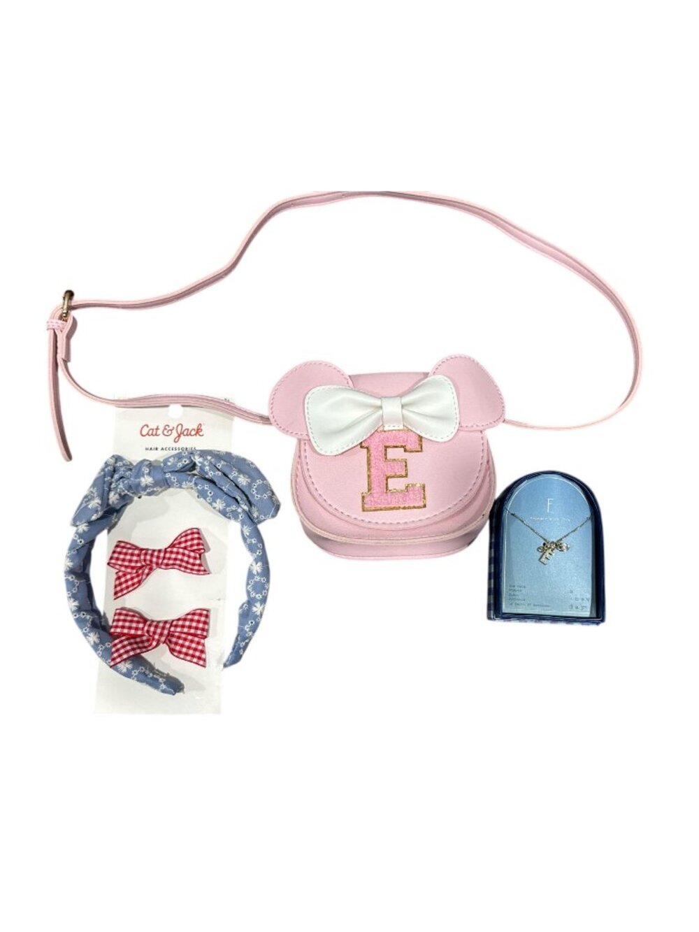 Personalized "E" Gift Set: Necklace, Pink Minnie-Inspired Bag & Bow Hair Accesso